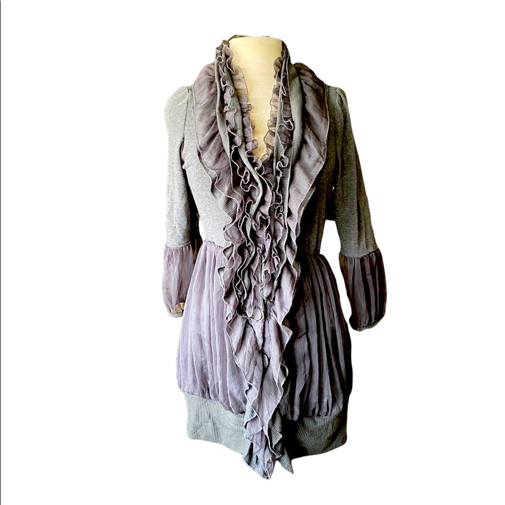 Sand Studio ruffle & lace knit dress, gray, long sleeve button front